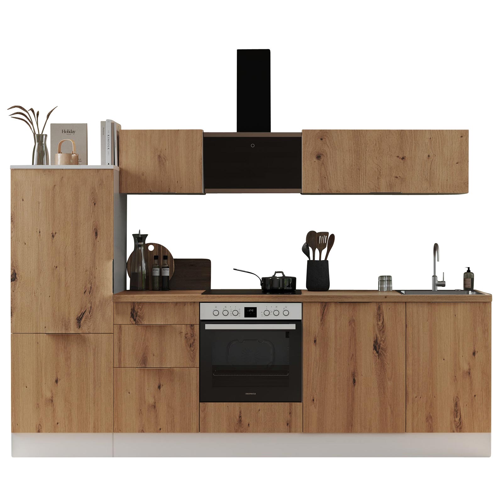 RESPEKTA Küchenblock - Artisan Eiche - weiß matt - mit E-Geräten - 280 cm