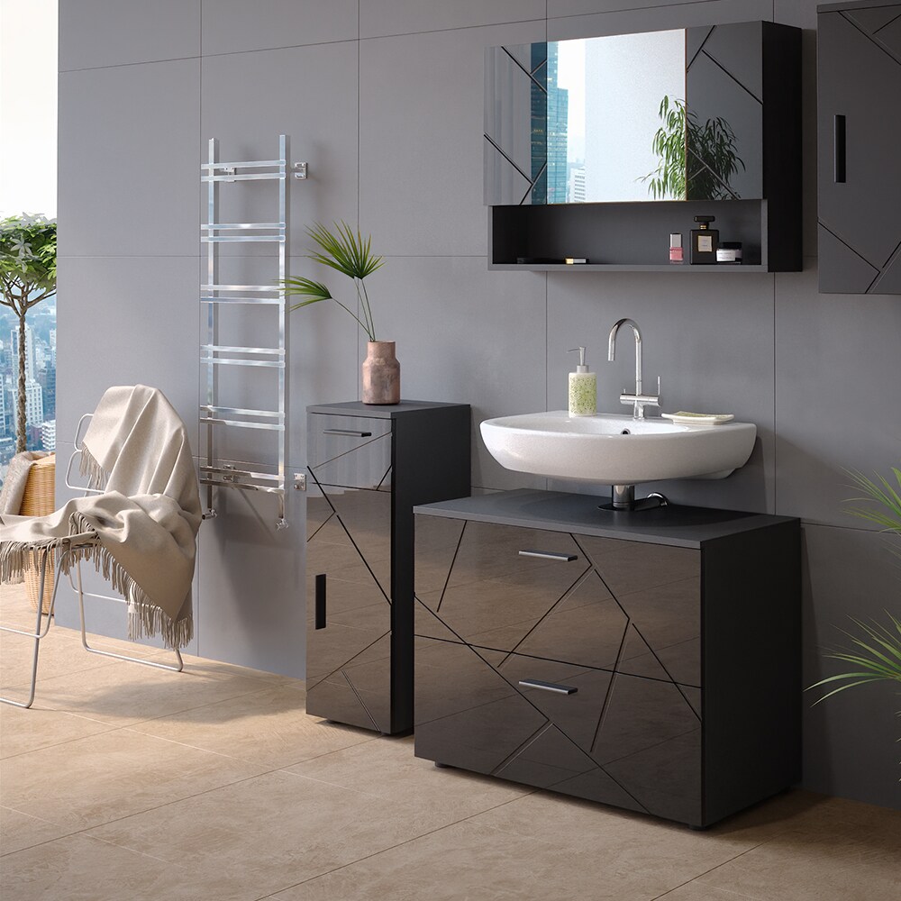 Vicco Midischrank Badschrank Badezimmermöbel Irma Anthrazit Hochglanz modern 30x81 cm Badezimmer Schrank Badmöbel Schranktür Schrankfach Schrankschublade Ablage Aufbewahrung