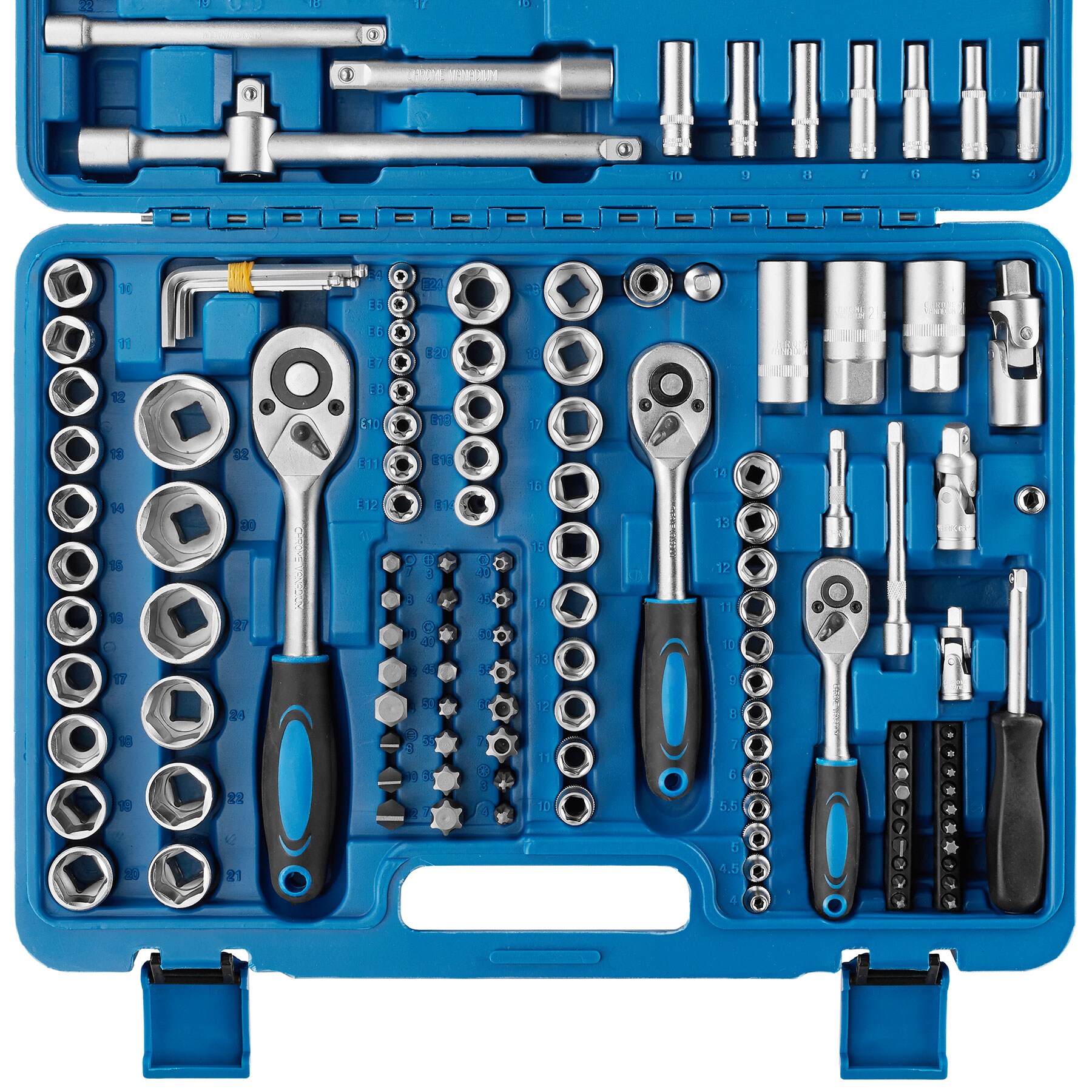 tectake® Steckschlüsselsatz, 171-teilig, 1/4, 3/8 und 1/2 Zoll, mit Kodierung und Kugelfangrille, übersichtliche Anordnung im Kunststoffkoffer