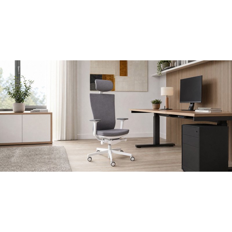 Chaise de bureau ergonomique Marti, tissu, mécanisme synchrone + réglage profondeur d'assise, appui-tête, accoudoirs 3D , piètement roulettes blanc
