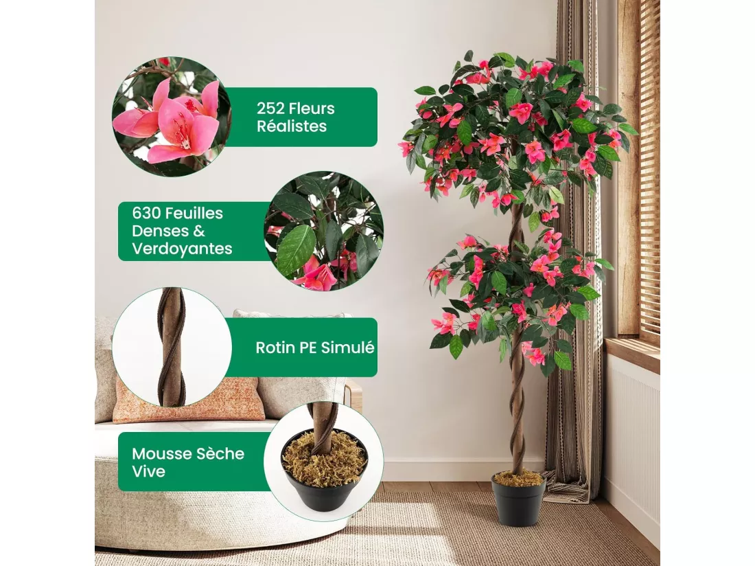 Plante Artificielle en Pot Remplies de Ciment 140CM avec 252 Fleurs, Fausse Bougainvillier avec Tronc en Bois Véritable, Décoration Moderne pour Salon Balcon Porche Bureau
