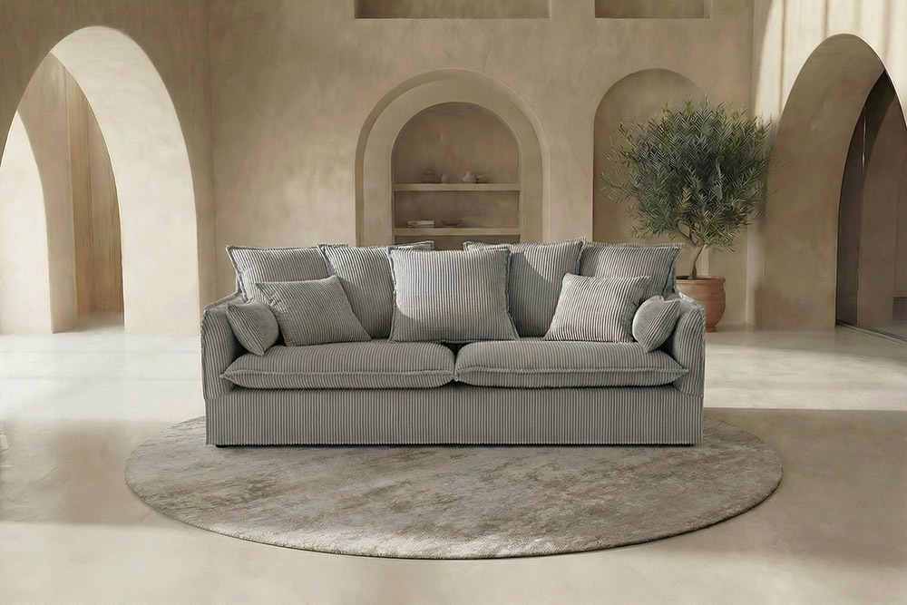 Großes 3-Sitzer Sofa HEAVEN 200cm hellgrau Cord Federkern Hussensofa abnehmbarer Bezug