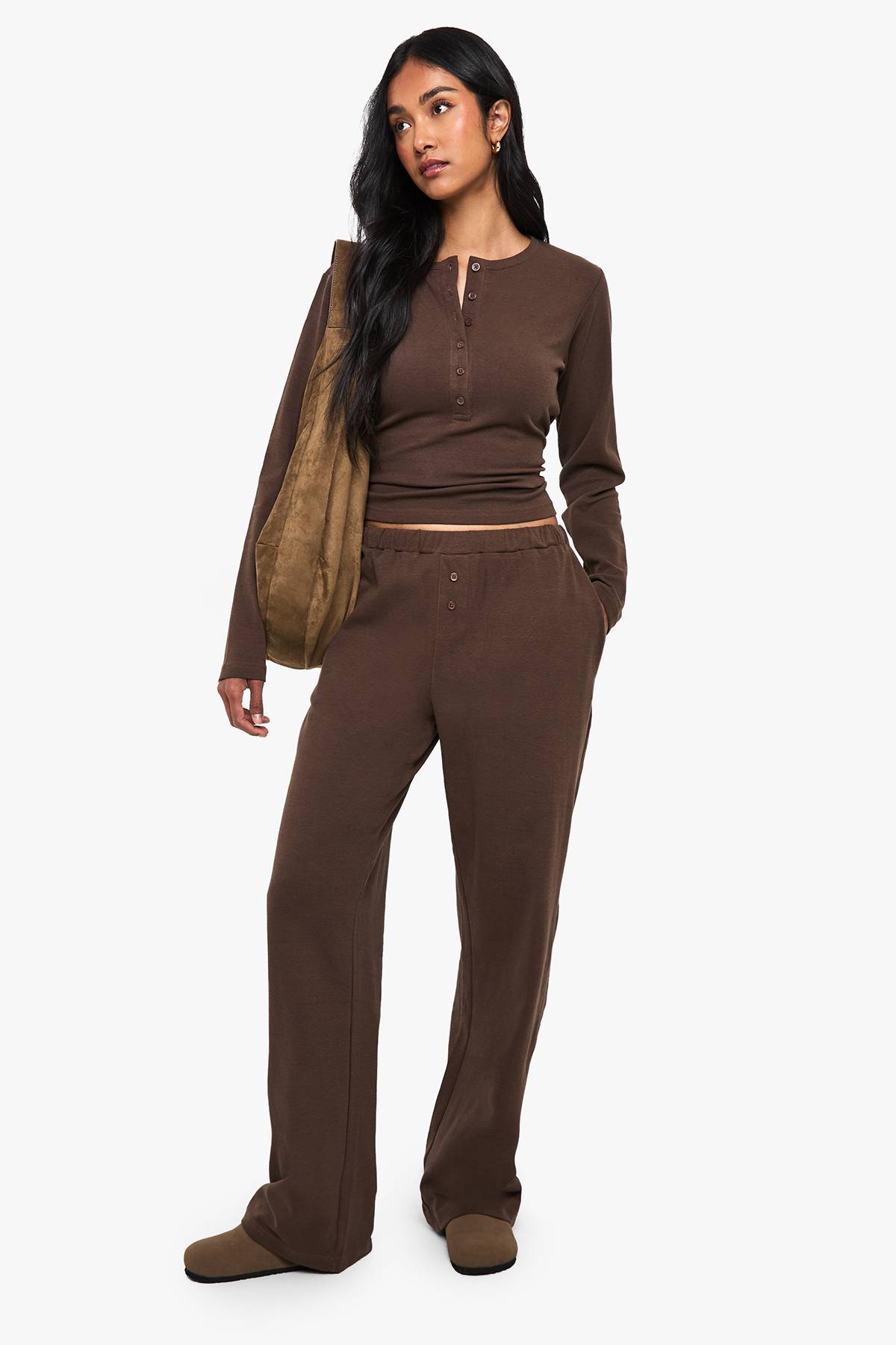 boohoo Ensemble coordonné en coton : haut boutonné à encolure échancrée et pantalon