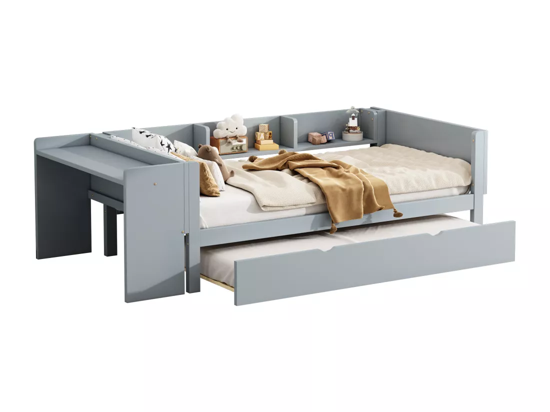 Lit gigogne 90 x 200 cm + 90 x 180 cm avec bureau et 3 étagères - bois massif de pin - sommier à lattes - gris