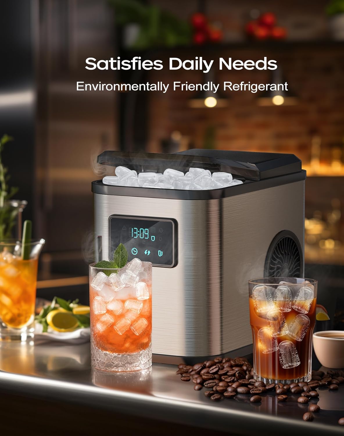 Edelstahl Eiswürfelmaschine mit LED-Display Eismaschine Eiswürfelbereiter und Reinigungsfunktion 2L Wassertank inklusive Eisschaufel und Korb 2 Eiswürfel Größen für Küche Büro Bar und Party