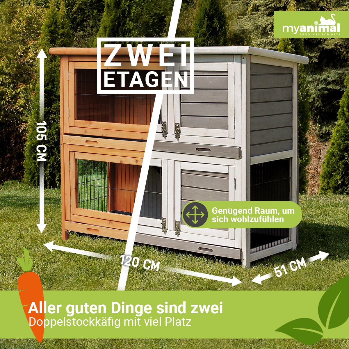 MyAnimal Hasenstall MH-20, 2-stöckig, wetterfest, Kaninchenstall mit 4 Türen, imprägniertes Holz (Braun)