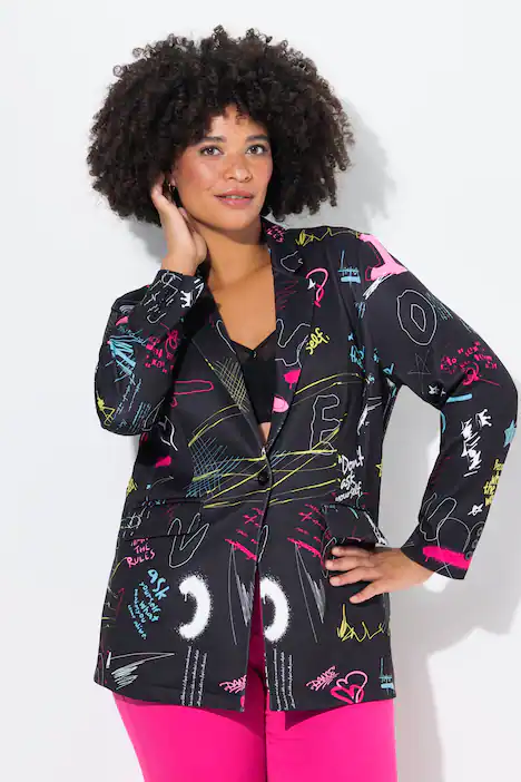 Blazer, Scribbledruck, Revers, farbiges Futter, schwarz