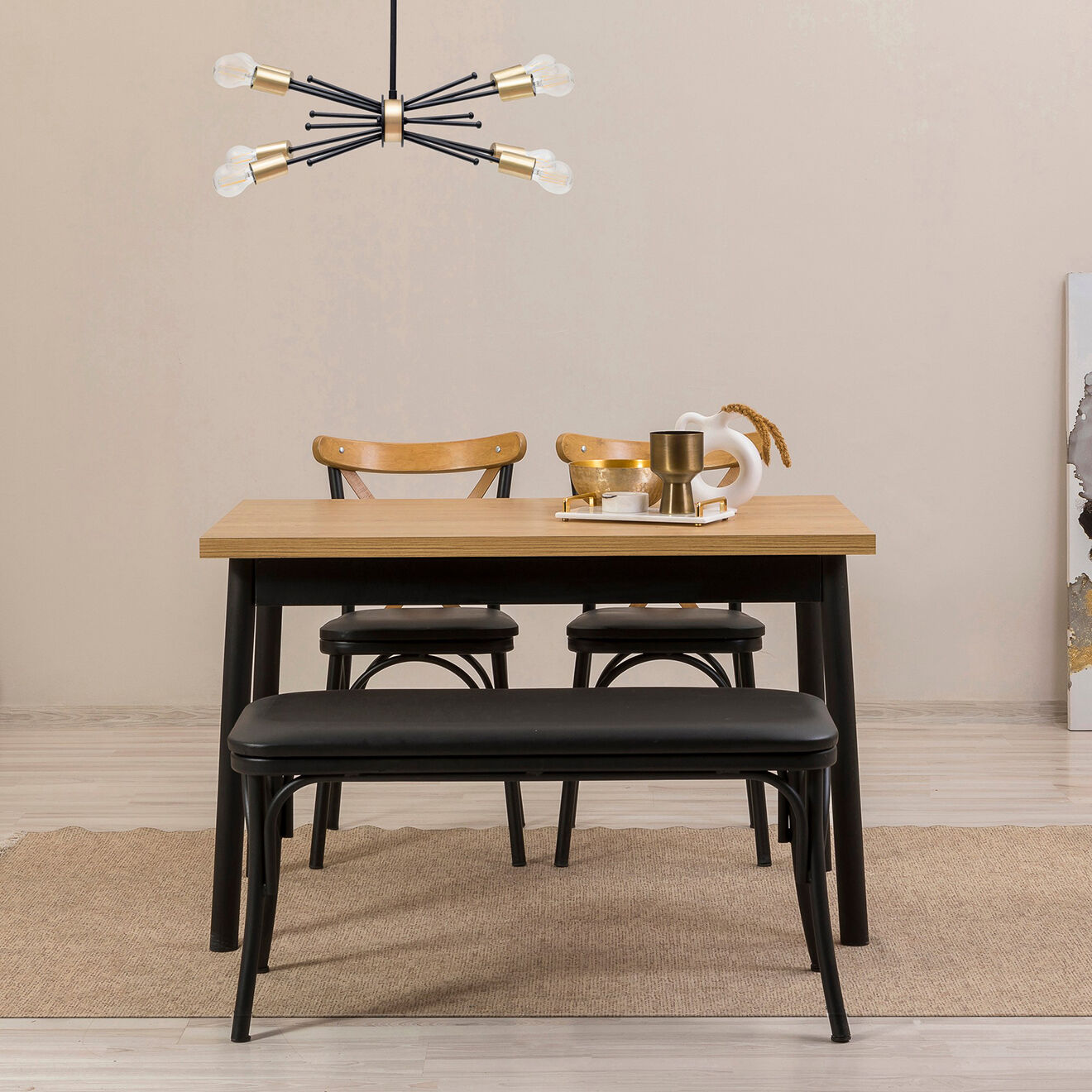Homitis Table + 2 Chaises + Banc Olv noir