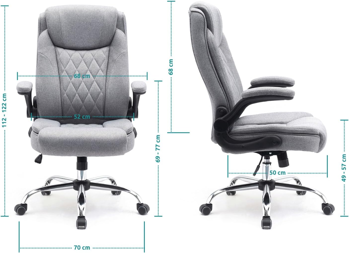 Stoff-Bürostuhl Comfortable, ergonomischer Drehstuhl bis 130 kg, mit klappbaren Armlehnen, Schreibtisch Stuhl mit Hohe Rückenlehne, grau