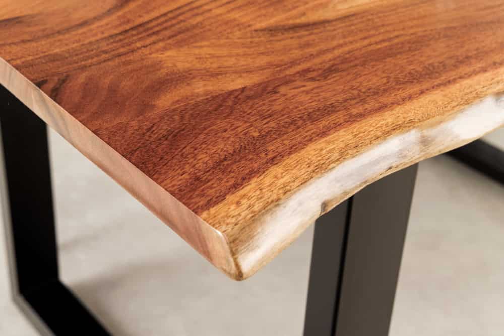 Massiver Esstisch LIQUID 160cm braun Akazienholz Baumkante schwarz Eisen blau
