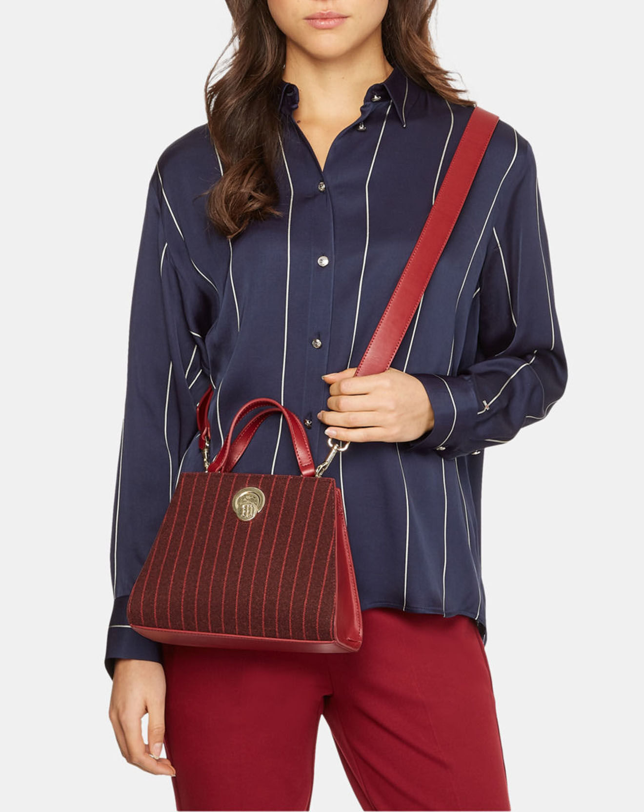 Tommy Hilfiger Sac à main Chic rayé bordeaux - 17,5x22,5x11 cm