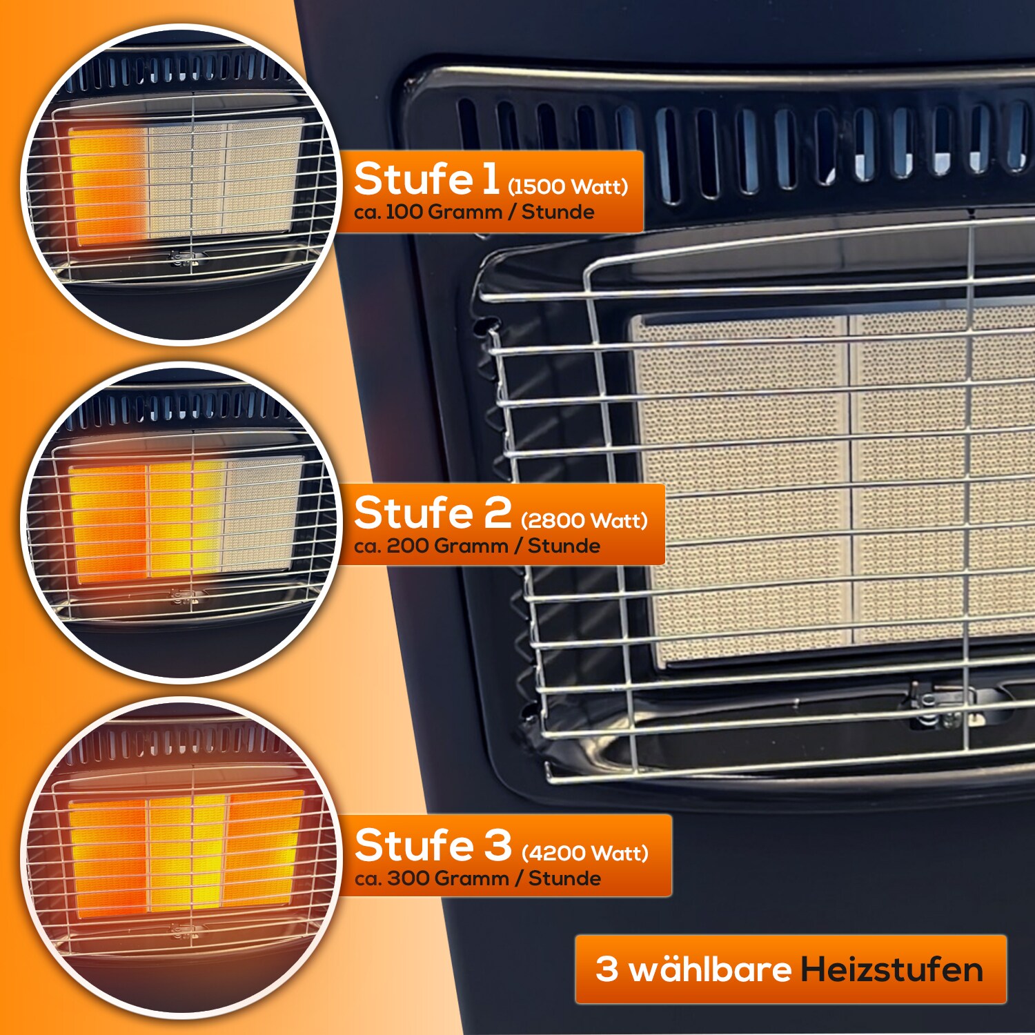 TroniTechnik® Gasheizer Gasheizofen Heizstrahler 4,2 kW Gas Heizung inkl. Gasdruckregler & Gasschlauch 3 Heizstufen 4200W