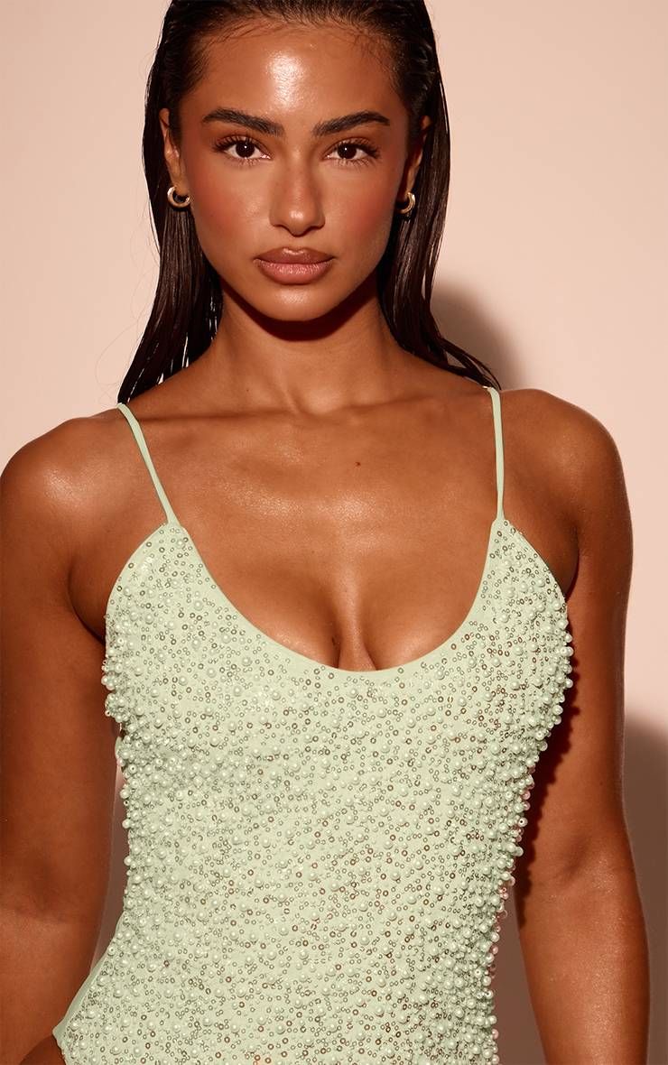 Lime Green Maillot De Bain Échancré À Sequins Ornementés