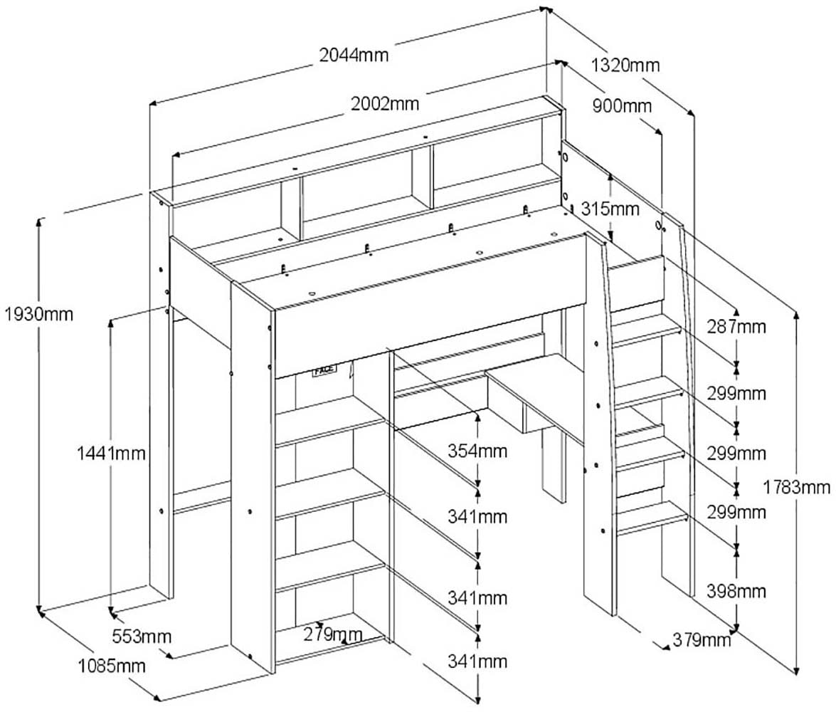 Parisot Hochbett »Shelter 11« 1 Stk. tlg. integrierter Schreibtisch, Leiter, Regal, Kleiderstange, Ablagen