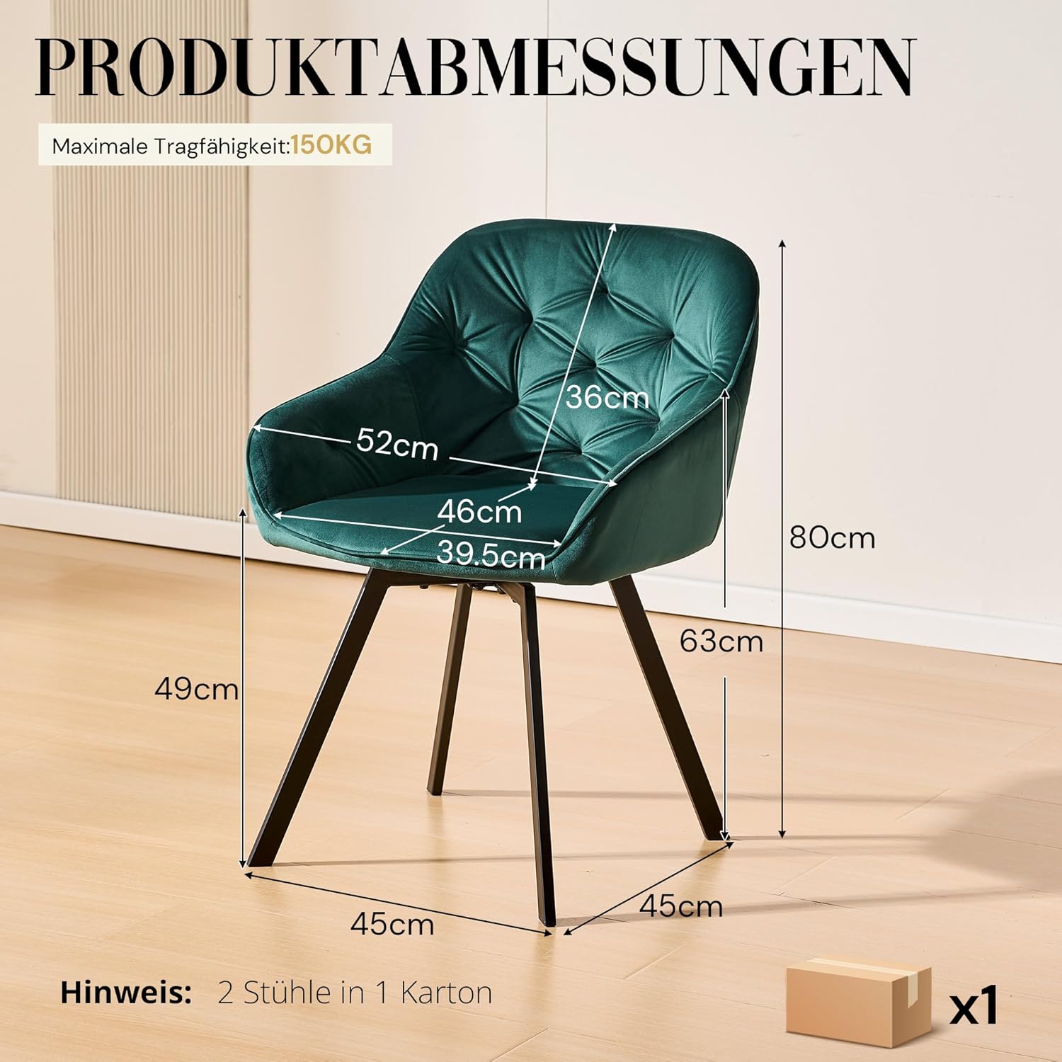 CLIPOP Samt Esszimmerstühle Drehbar 2er Set,Gepolstert Sessel Küchenstuhl mit Armlehne Freizeit Polsterstuhl Bequem Sitz Drehstuhl für Esszimmer Wohnzimmer Esszimmer, (2er Set, Grün)