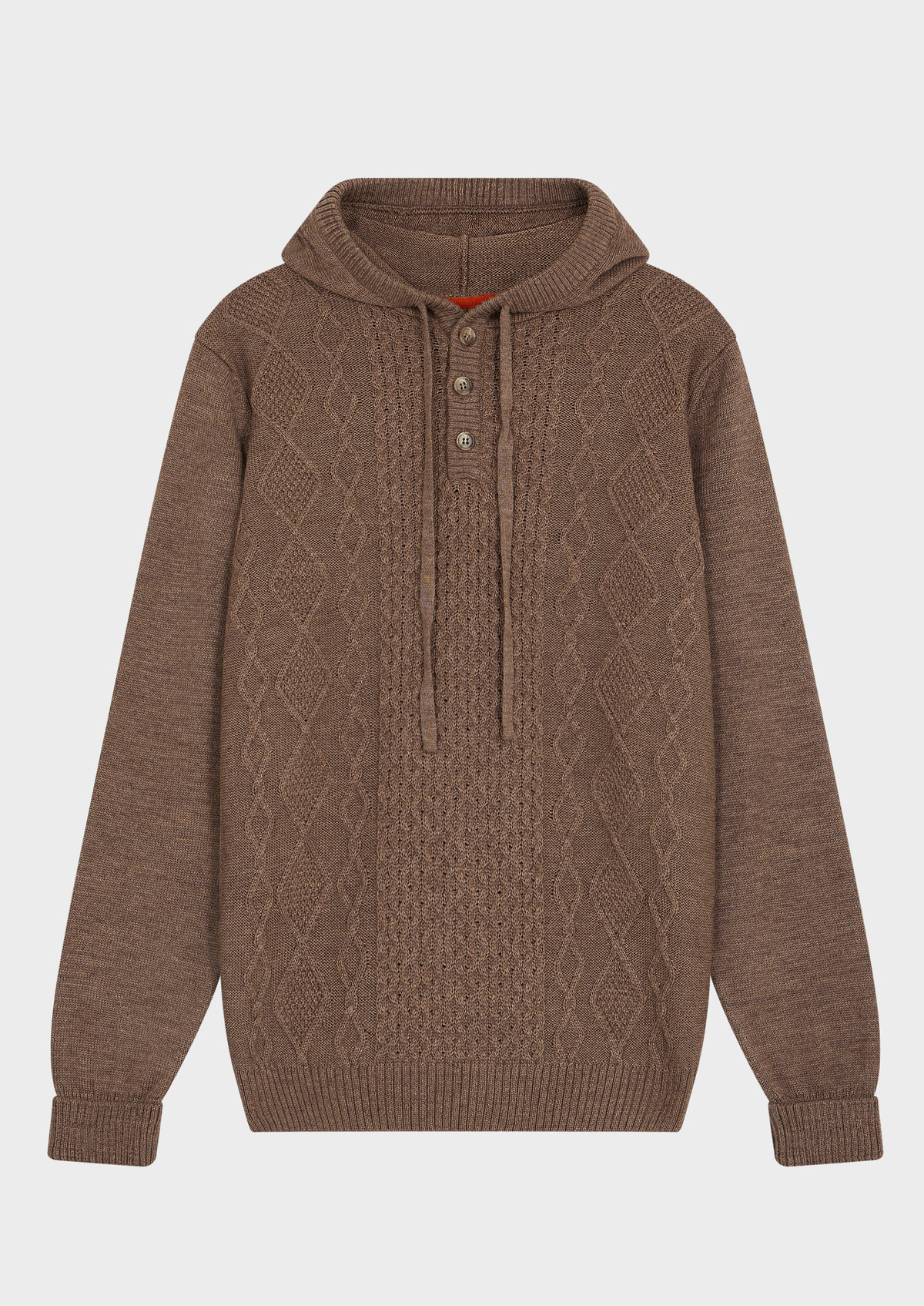 Pull col boutonné à capuche en laine mélangée unie marron