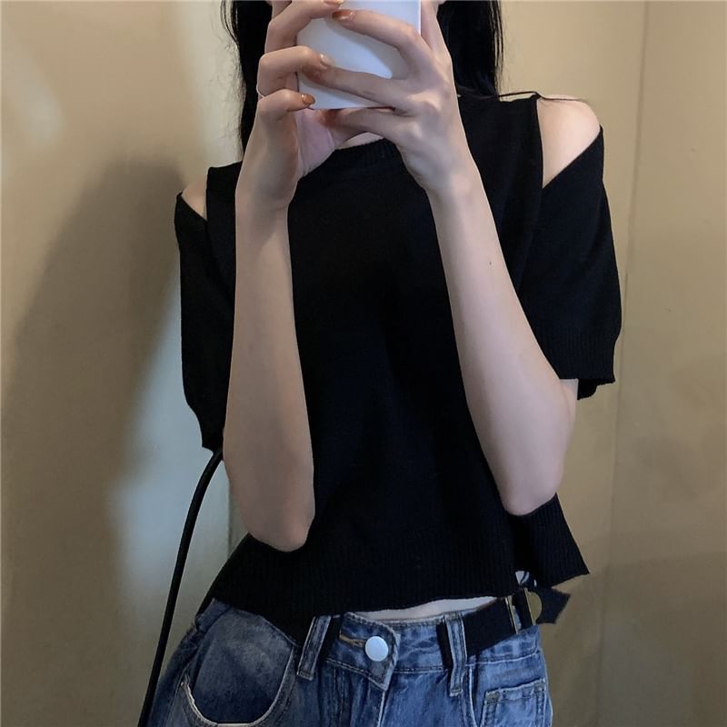 Shinsei - Kort mouwloos, schouderloos, effen gebreide crop top