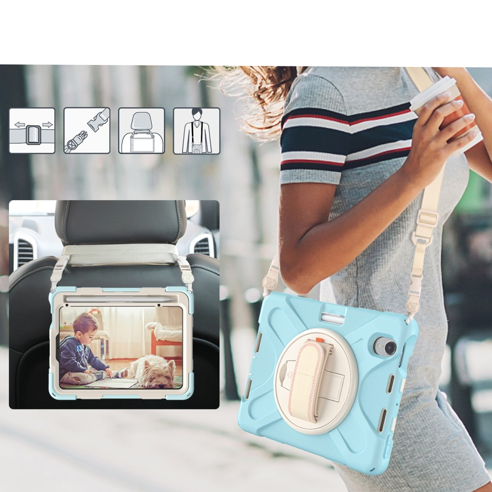 iPad Mini 7 (2024) / Mini 6 (2021) Hybrid Outdoor Silikon Case Hülle mit Aufsteller und Handschlaufe und Schultergurt - Hellblau