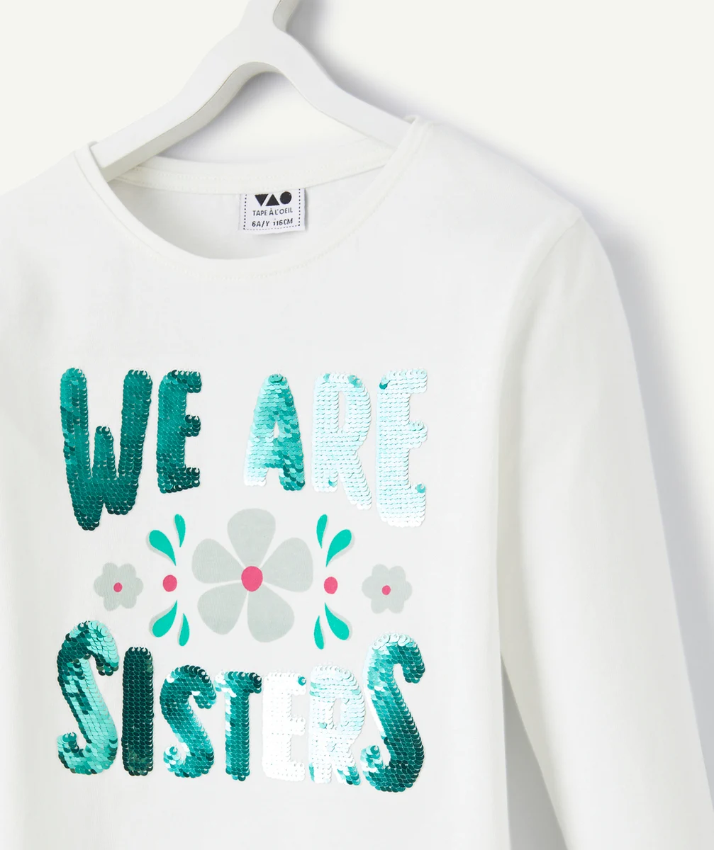 T-SHIRT FILLE EN COTON BIO BLANC AVEC MESSAGE SISTERS EN SEQUINS VERTS