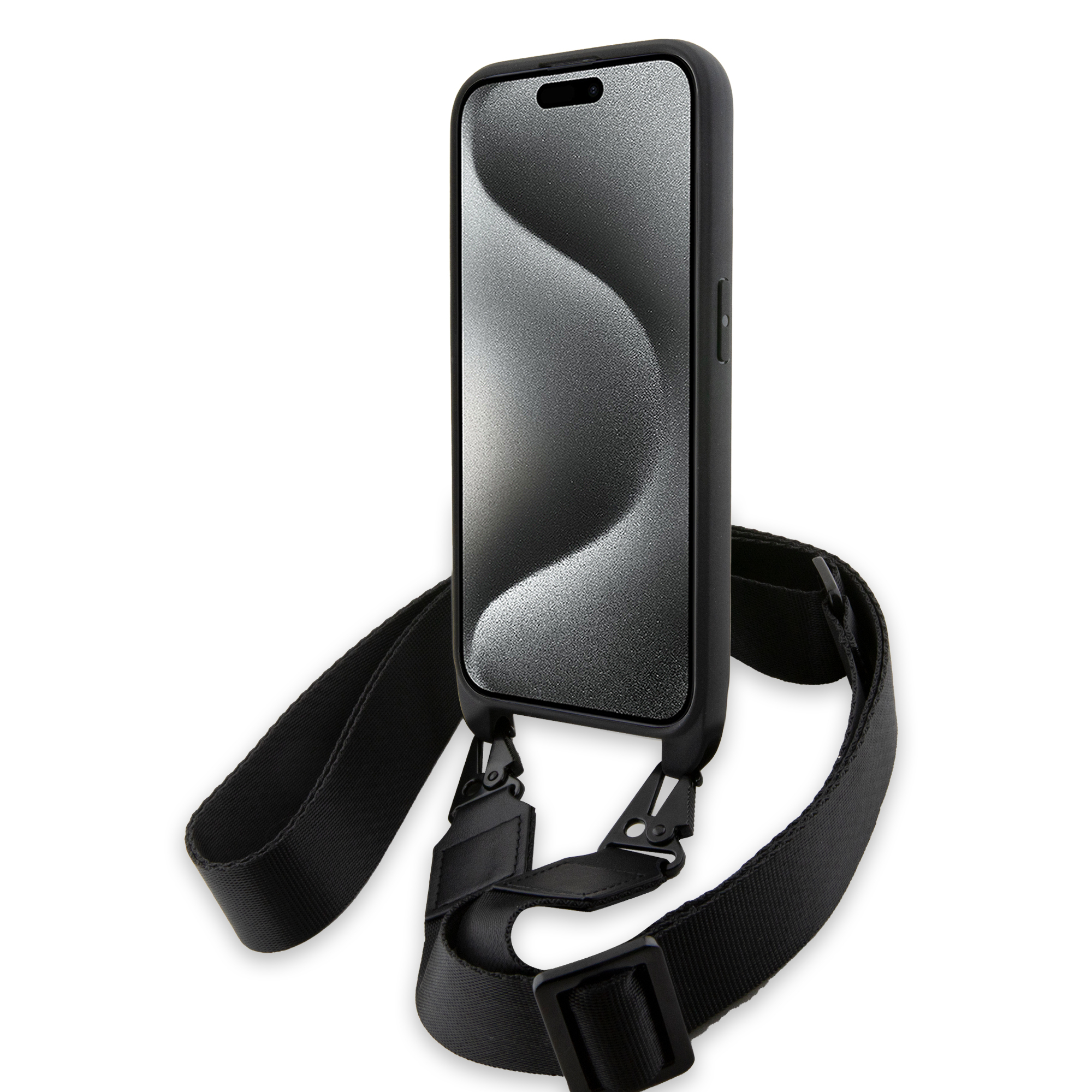 (160cm) iPhone 15 Pro Necklace Leder Hardcase Hülle Carbon Tricolor Lines & Strap   Handykette (BMHCP15L23PSVTK) - Schwarz