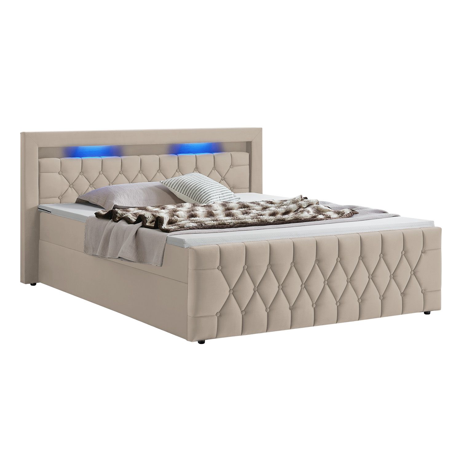 Juskys Boxspringbett Leona Samt 140x200 cm in Beige – mit LEDs, Topper & H4-Federkern-Matratzen