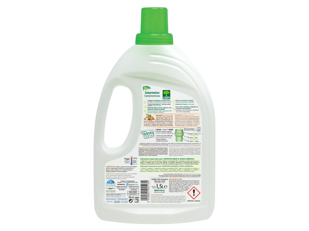 DETERGENTE ROUPA MÁQUINA LÍQUIDO L'ARBRE VERT AMÊNDOAS DOCES 33D