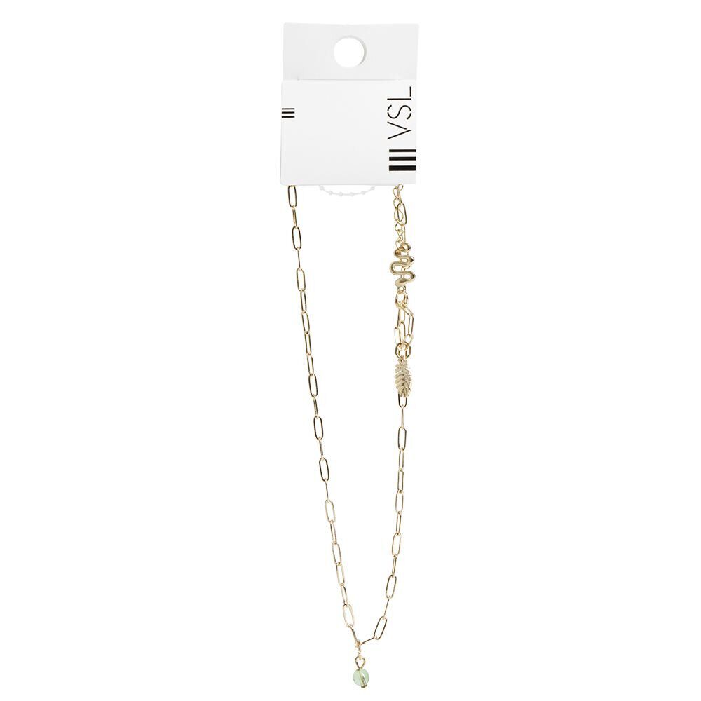 Collier chaîne rectangulaire doré avec pendentif perle verte