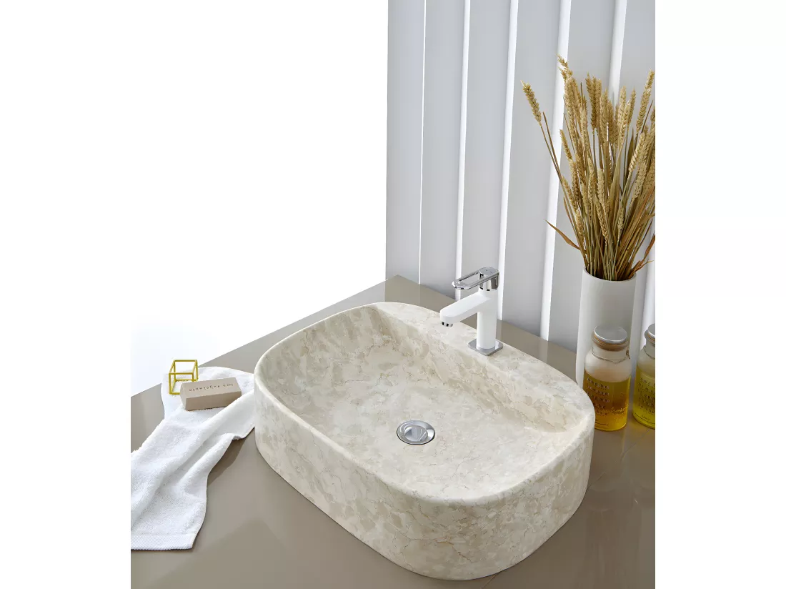 Vasque à poser / lavabo ovale en marbre coloris beige - Longueur 52 x Hauteur 13 x Profondeur 42 cm