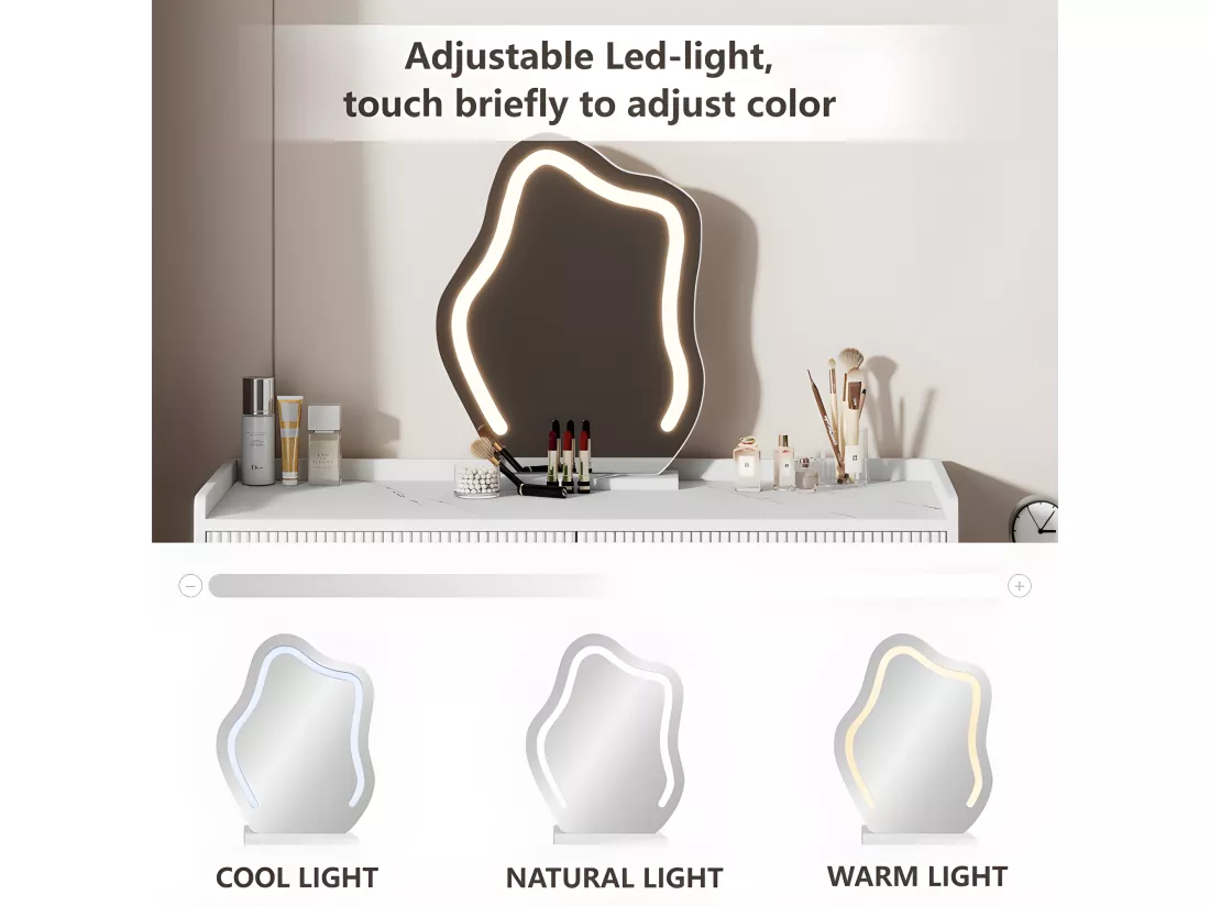 Coiffeuse avec miroir et éclairage LED - 2 tiroirs et une armoire amovible - Blanc (tabouret non inclus)