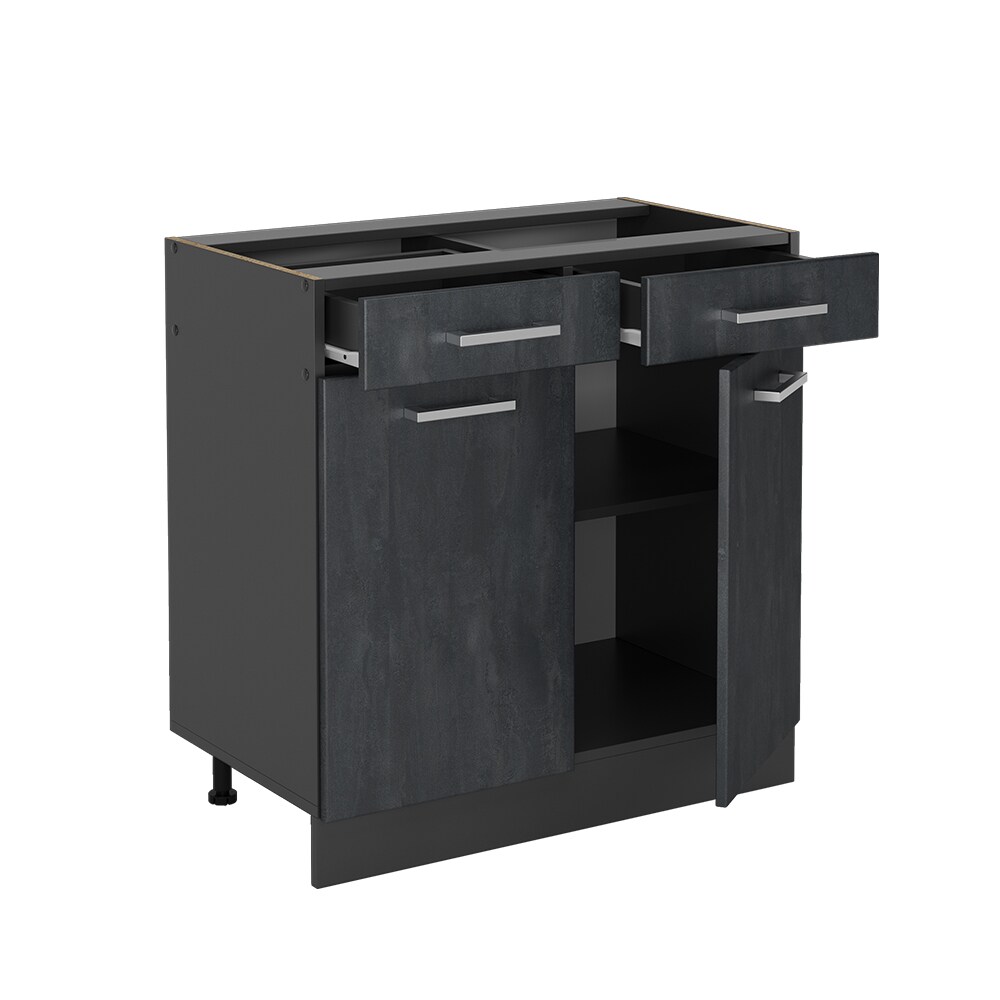 Vicco Schubunterschrank R-Line Schwarz Beton Anthrazit 80 cm mit Arbeitsplatte Weiß Marmor
