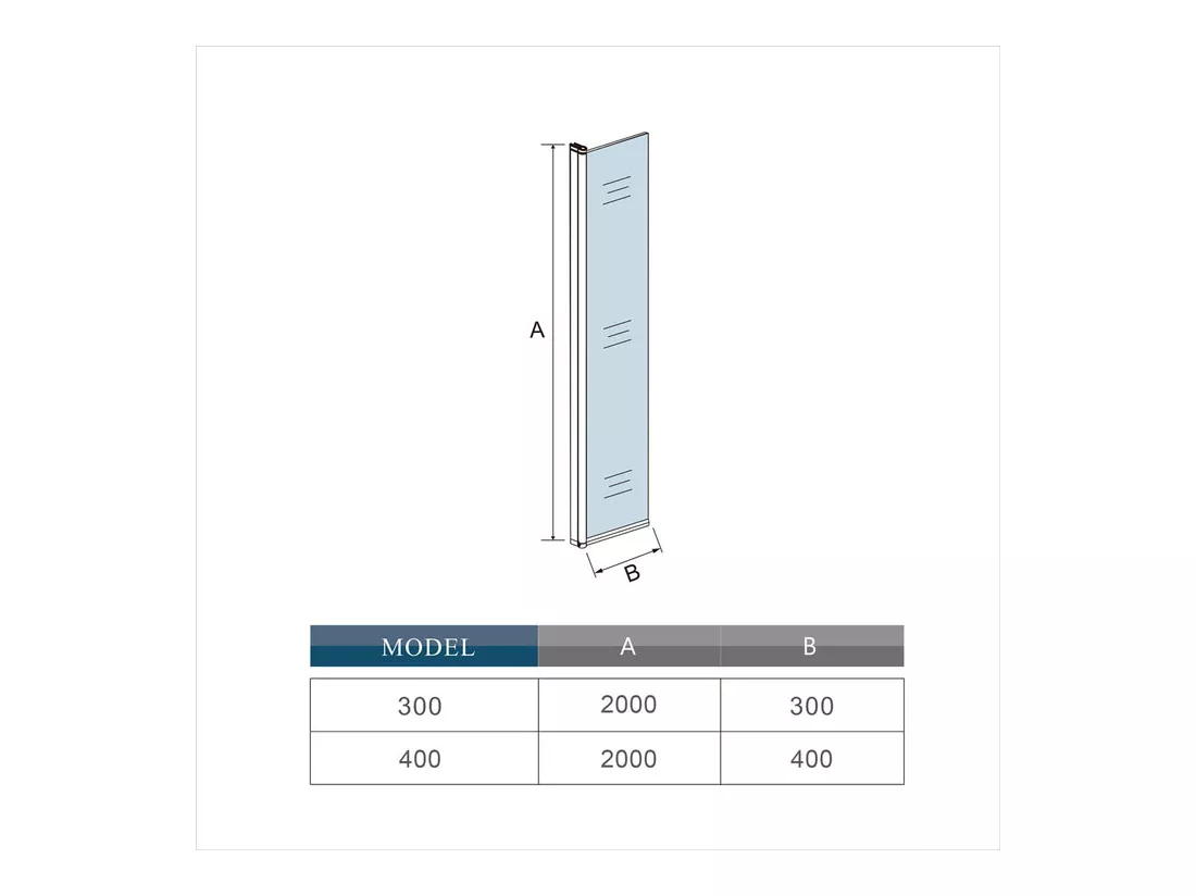 Volet pivotant seul 30x200cm pour paroi de douche à l'italienne noire en verre 8mm, retour pivotant à 180°, verre anticalcaire