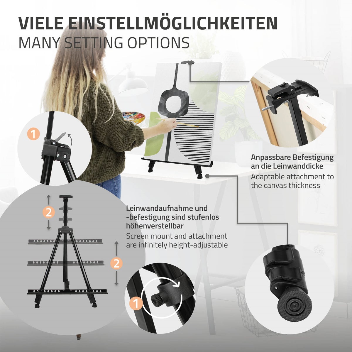 ECD Germany 140-delige XXL schilderset met ezel, kunstenaarsset acryl & tekenset - kleurpotloden, canvas, penselenset, waterverf, pastels, aluminium staande ezel, schilderset met studio-ezel