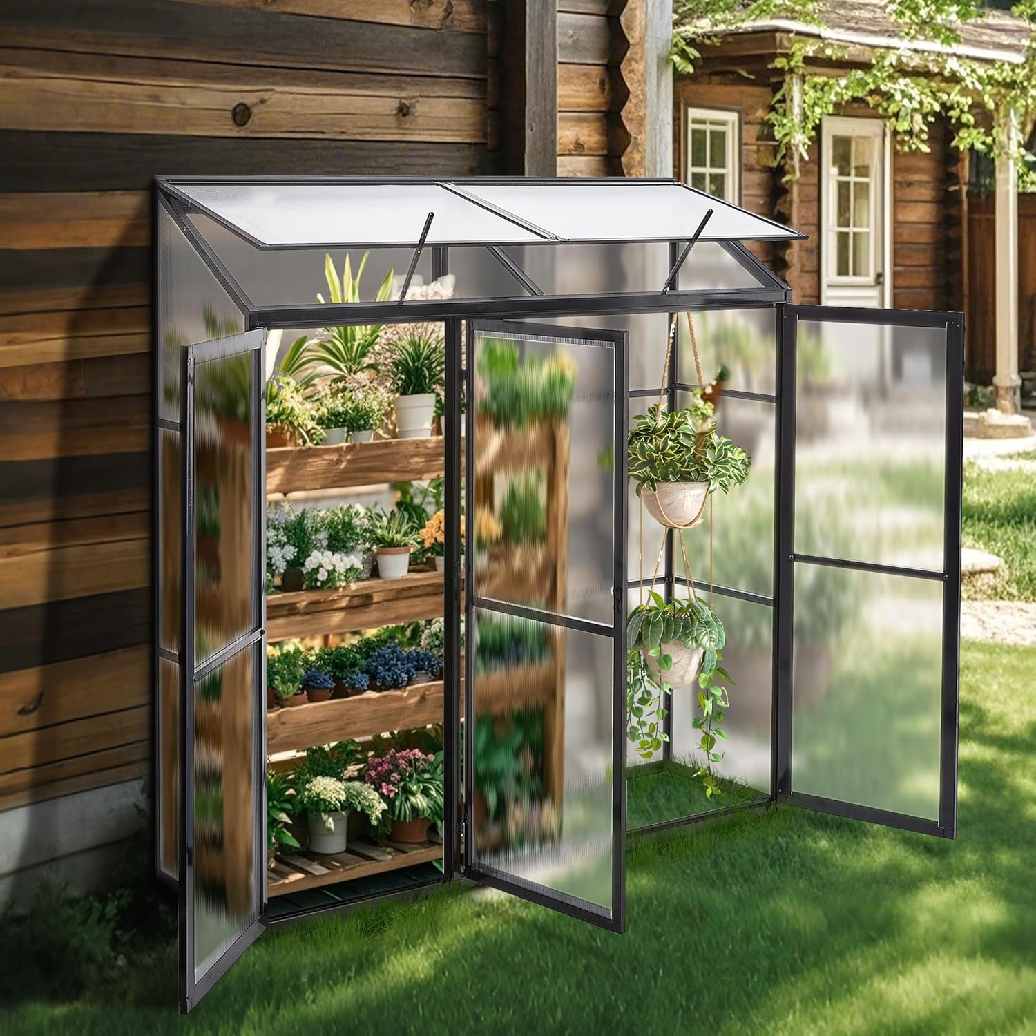 Anlehngewächshaus Tomaten Gewächshaus 180x55x190cm Aluminium Beistell-Gewächshaus, Treibhaus Gartenhaus Frühbeet mit Rückwand, Gewächshaus Winterfest Klein, Minigewächshaus, Schwarz