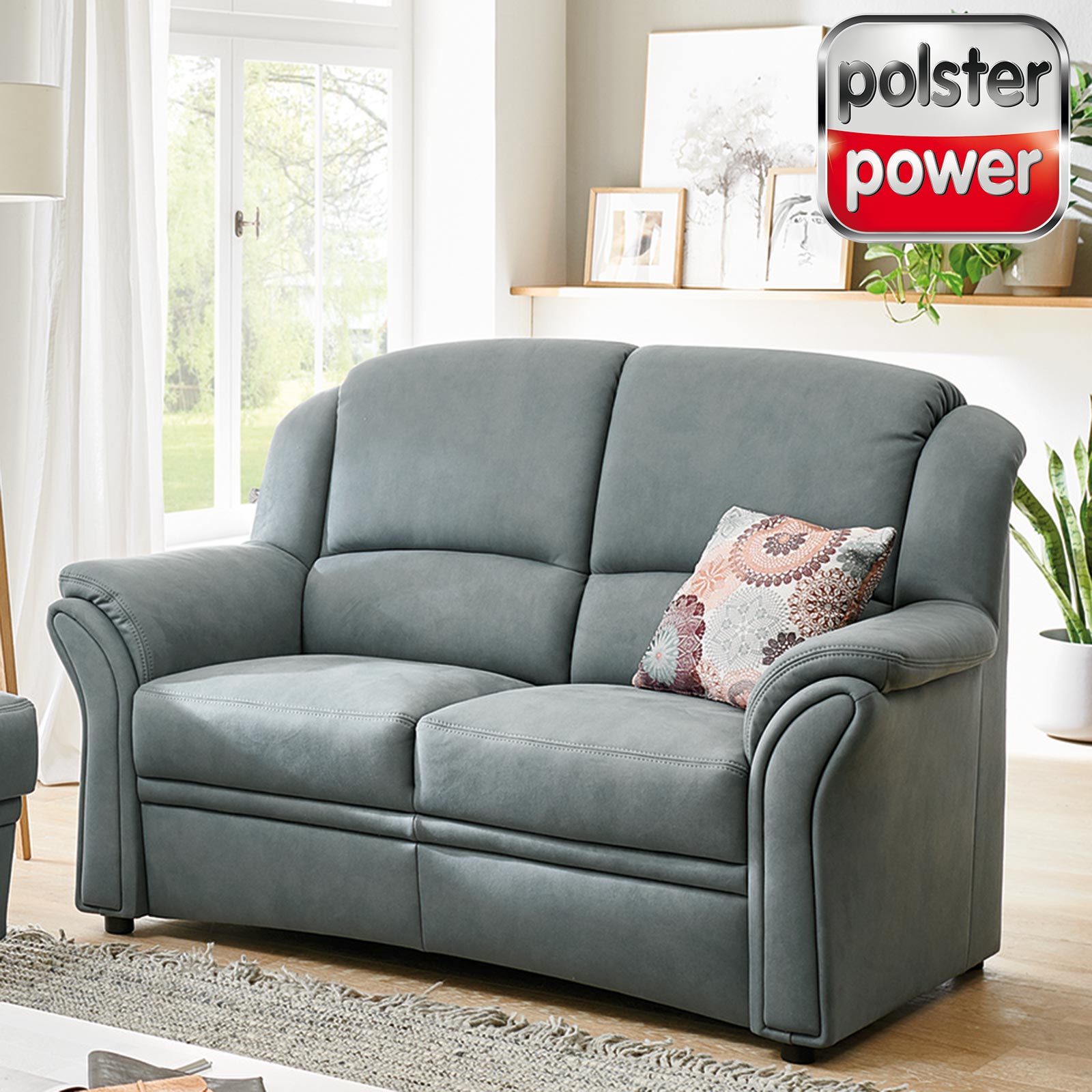 polsterpower 2-Sitzer-Sofa - grau-blau - Microfaser