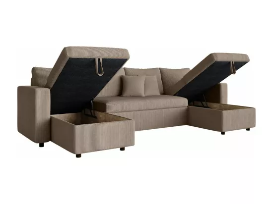 Canapé panoramique 6 places Maria convertible avec 2 coffres en velours côtelé - Taupe - L295 x P146 x H81cm - Loungitude
