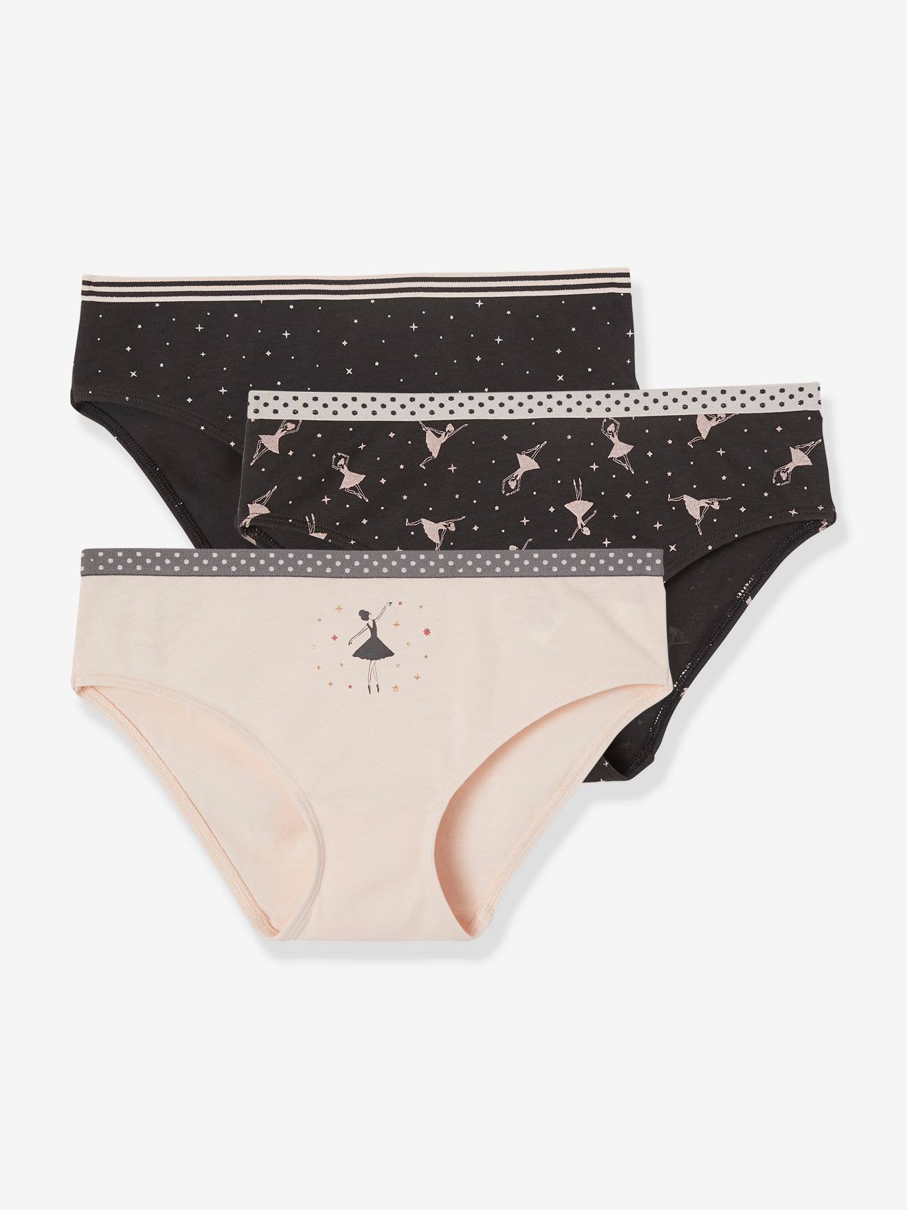 Conjunto de 3 calcinhas infantis, rosa claro lisas com estampas.