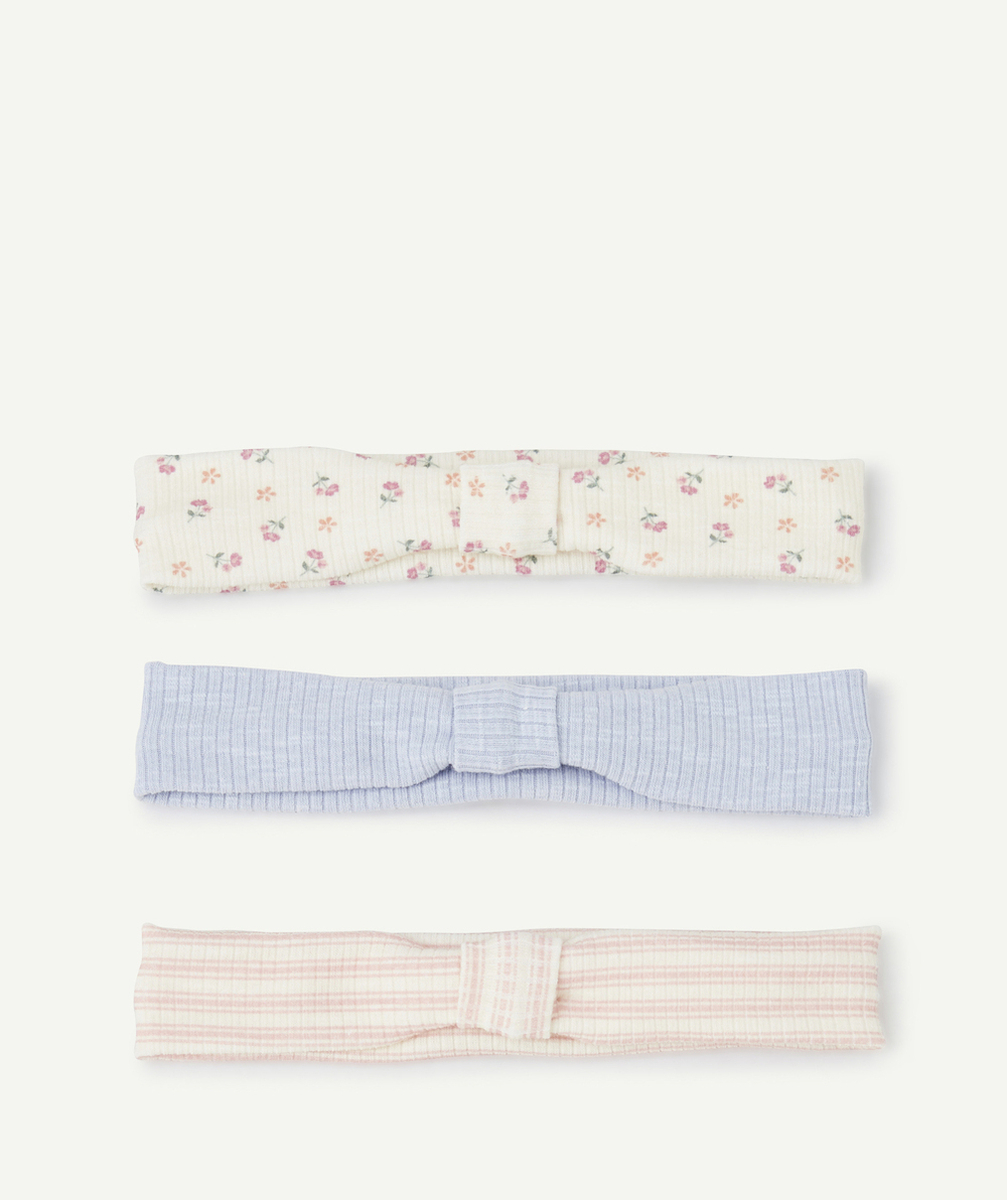LOT DE 3 BANDEAUX BÉBÉ FILLE CÔTELÉS ÉCRU BLEU ET ROSE AVEC RAYURES