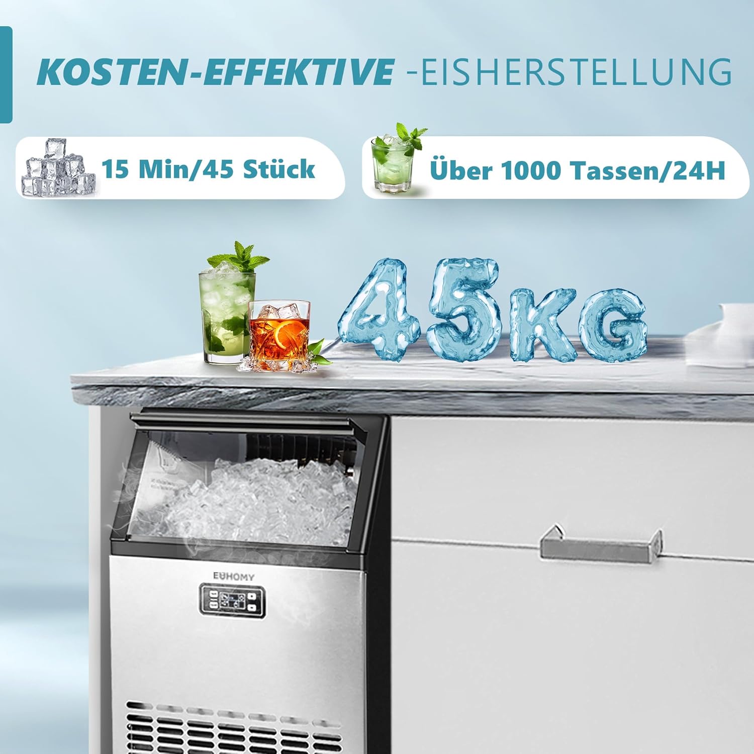 EUHOMY Gewerbliche Eiswürfelmaschine, 45 kg/24 Std. Edelstahl Untertisch-Eismaschine mit 15 kg Eislagerkapazität, freistehende Eismaschine mit Timer, ideal für Bars, Getränkeläden und große Feiern