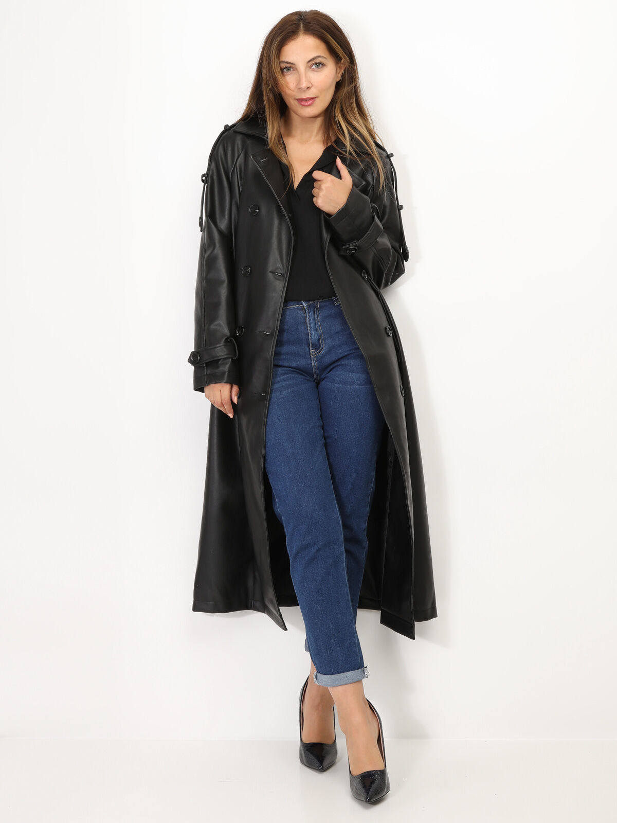 Trench long en simili avec ceinture- Noir