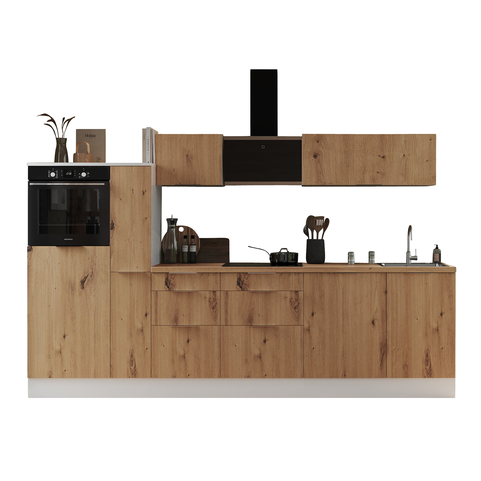 RESPEKTA Küchenblock - Artisan Eiche - weiß matt - mit E-Geräten - 310 cm