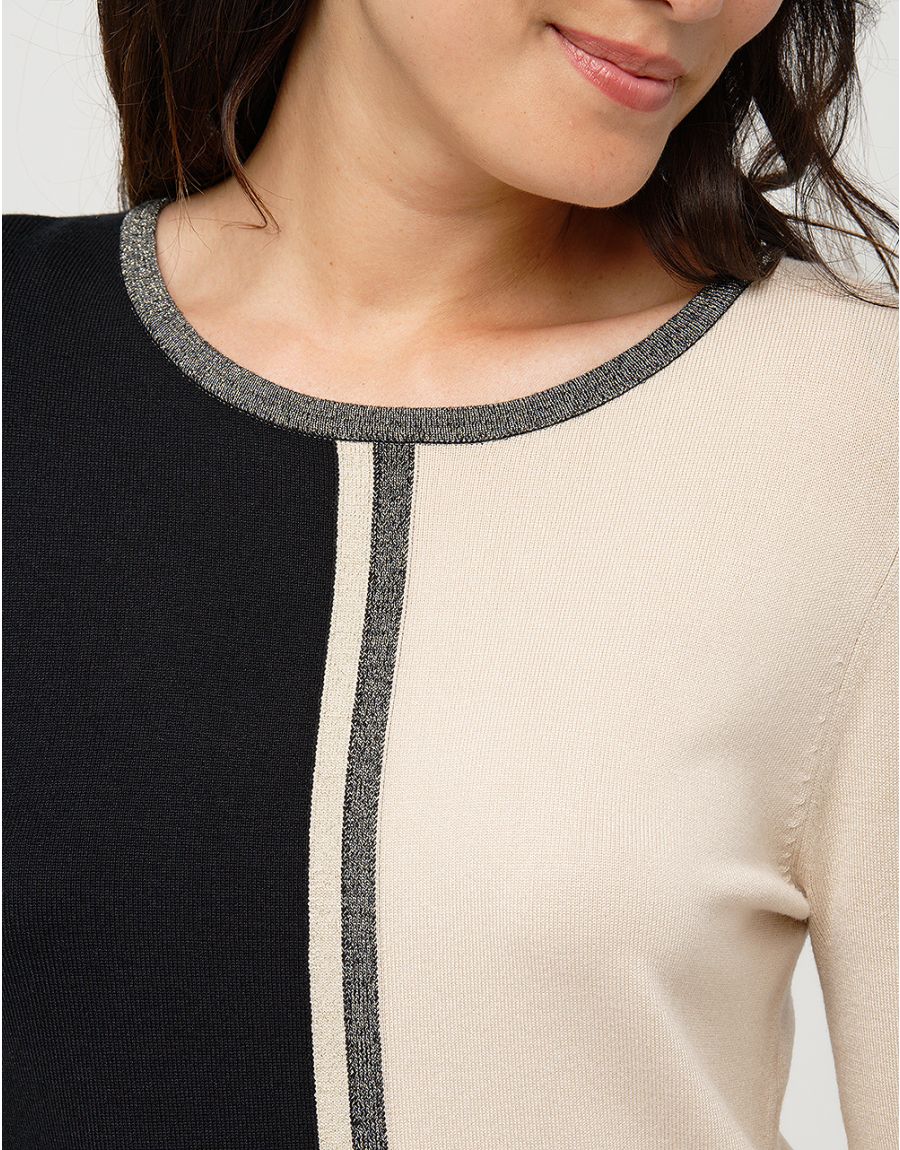 Pull fin noir et beige
