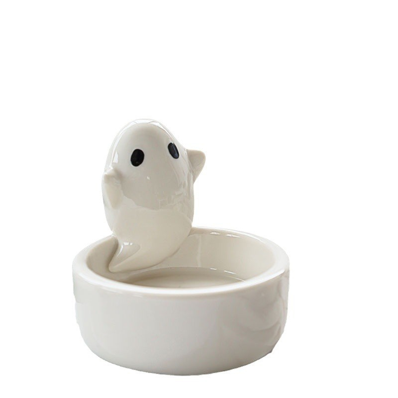 (7x7cm) Keramik Deko Geist Teelicht Halter Halloween Accessoire Gespenst Kerzen Ständer - Weiss