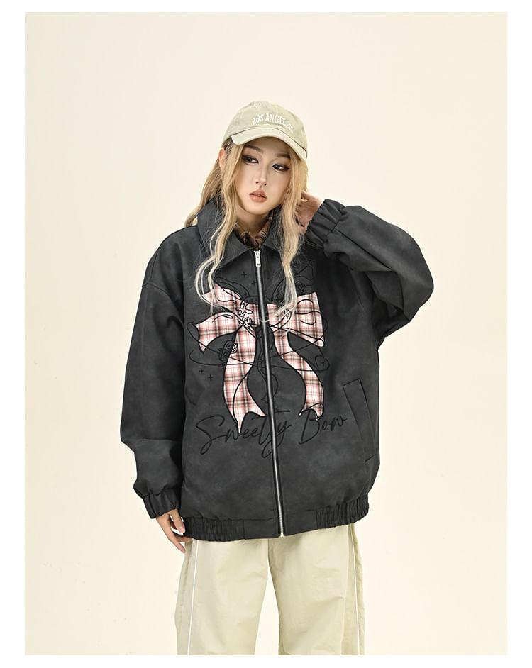 Iduna - Oversized bomberjack met kraag, strik en rits
