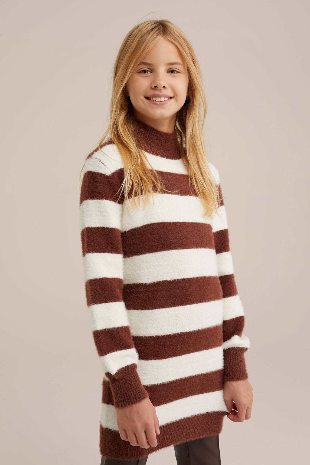 WE Fashion gestreepte jurk bruin/ecru