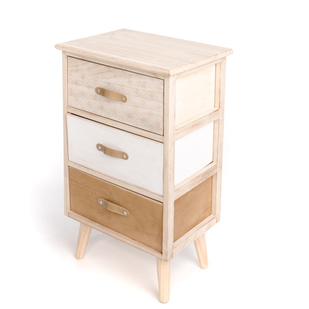 Meuble de rangement, table de chevet, chiffonnier bois pin blanc beige motif ethnique 3 tiroirs poignée effet cuir 40x29x66cm