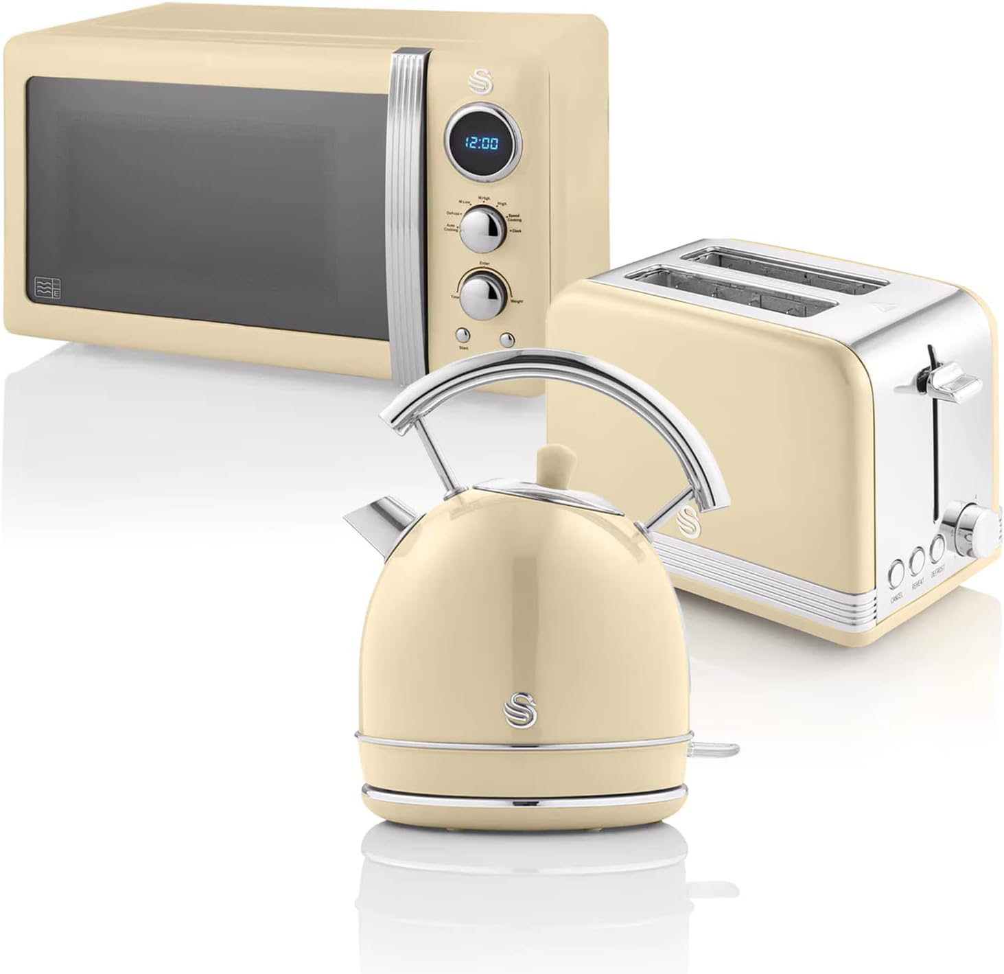 Swan Retro Ensemble Petit-Déjeuner, Bouilloire 1,8 L, Grille-Pain 2 Tranches à Fente Large, Micro-Ondes Numérique 20L, 6 Niveaux de Puissance, Minuteur, Porte Miroir, Design Vintage, Crème