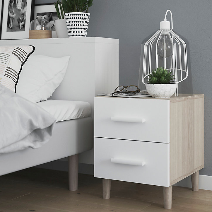 Table de chevet sur pieds blanche et effet chêne 2 tiroirs GoodHome Atomia H. 48,5 x L. 37,5 x P. 45 cm