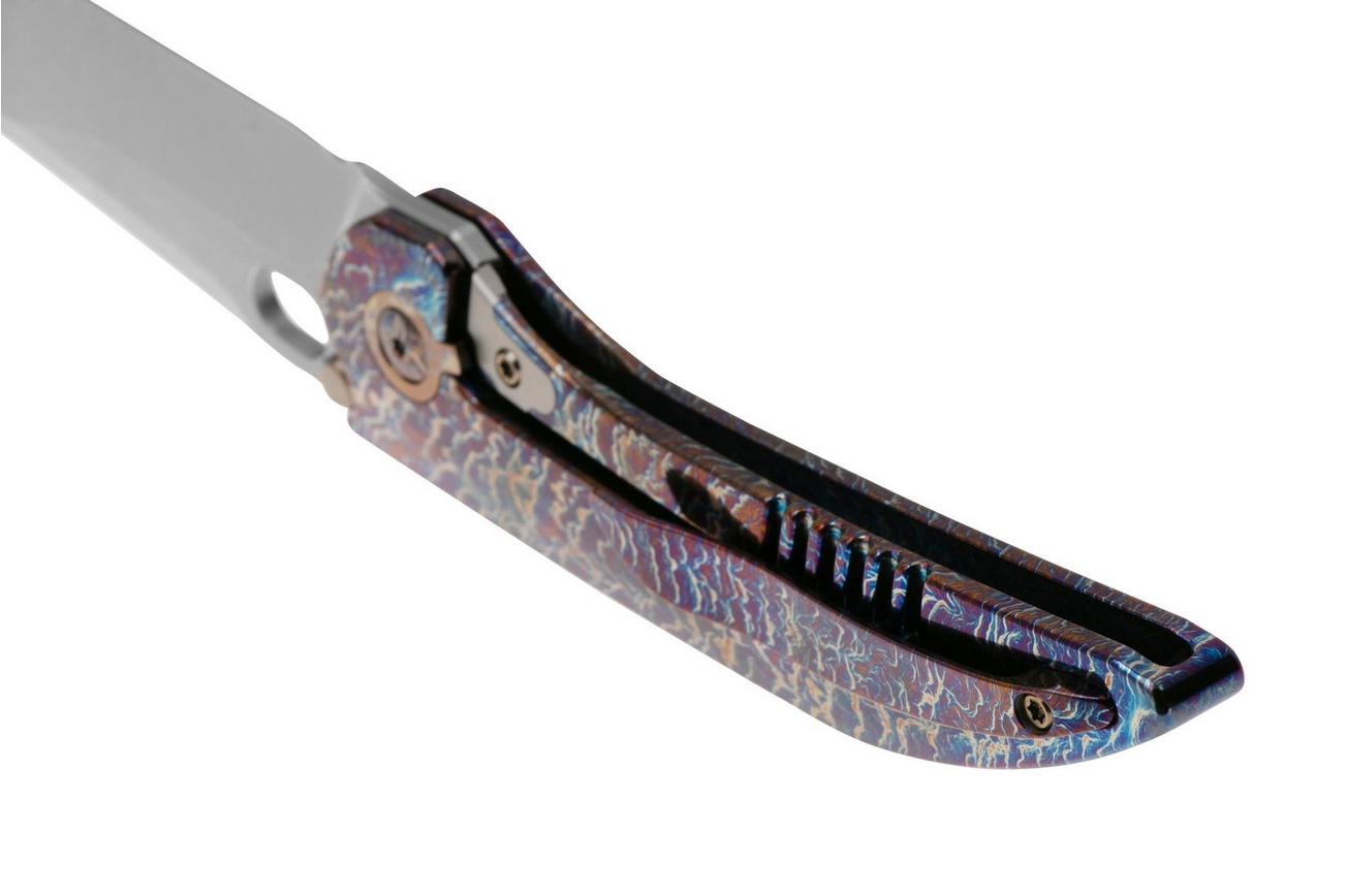WE Knife Attor WE23037-2 Polished Bead Blasted CPM 20CV, Flamed Titanium, Golden Titanium Inlay zakmes, Dalibor Bergam design
