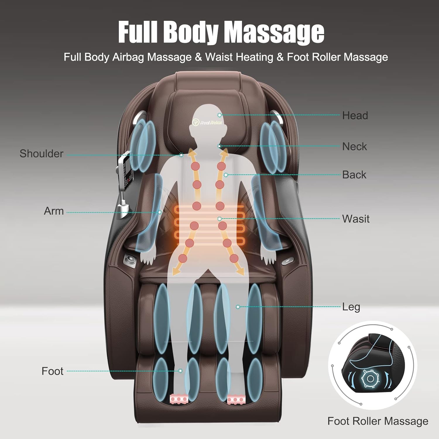 Poltrona de Massagem Real Relax, Corpo Inteiro com Gravidade Zero, Trilho SL, Massagem Shiatsu, Aquecimento, Escaneamento Corporal, Rolo de Massagem para os Pés, Controle por Aplicativo e Bluetooth, Favor-06 Marrom