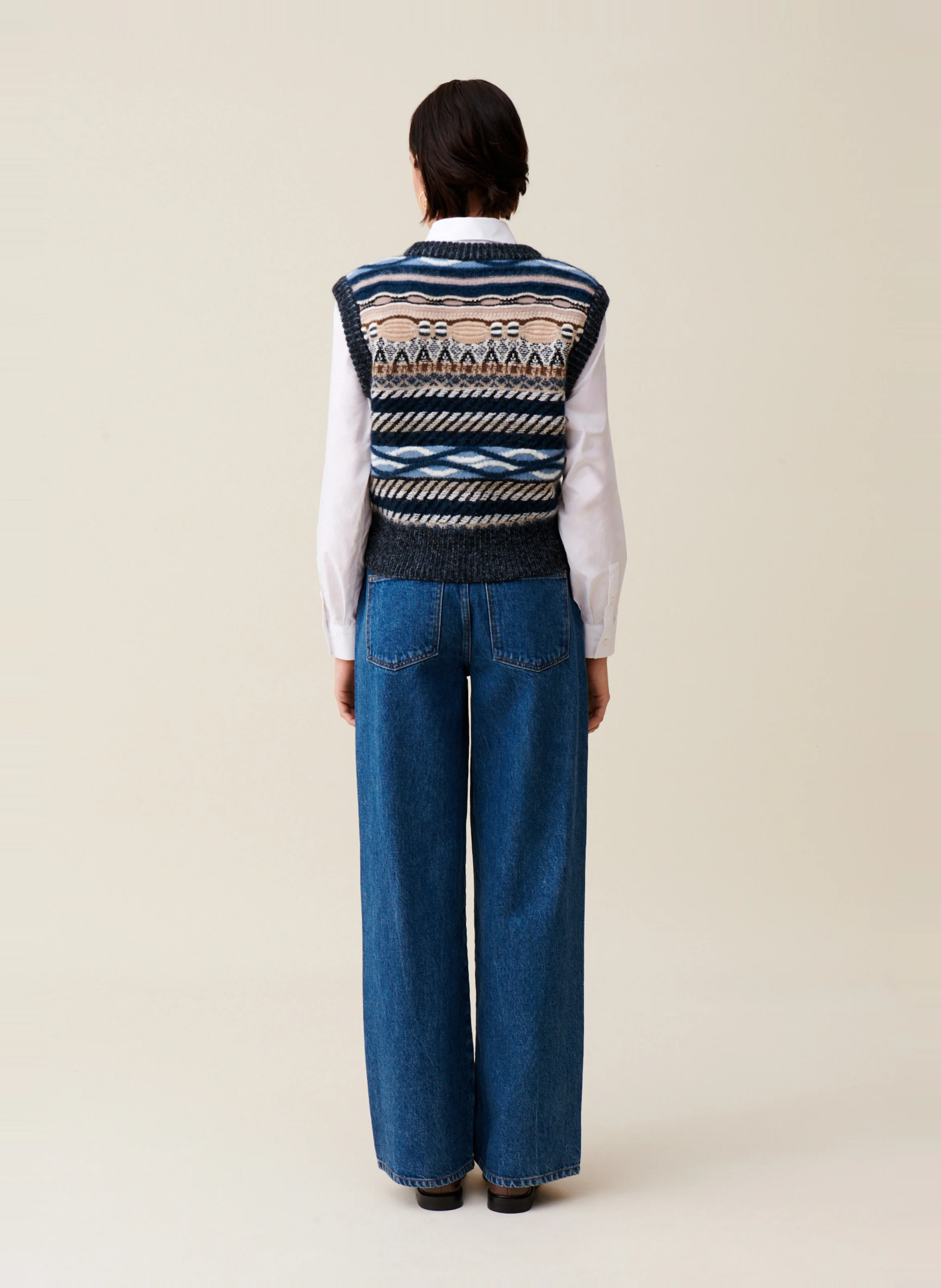Pull court sans manches rayé en laine mélangée | Multicolore